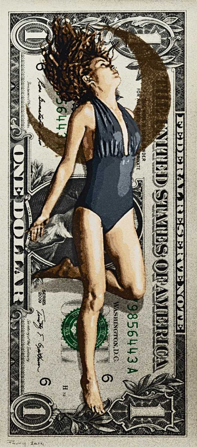 Penny, 'I Wouldn't Hold Your Breath' spray paint stencil on 1 dollar banknote