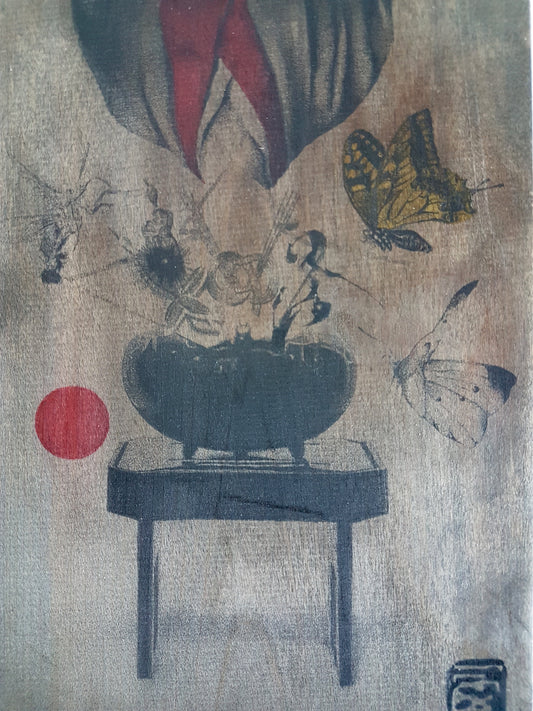 Kotoboki, mixed media on wood by Nishi