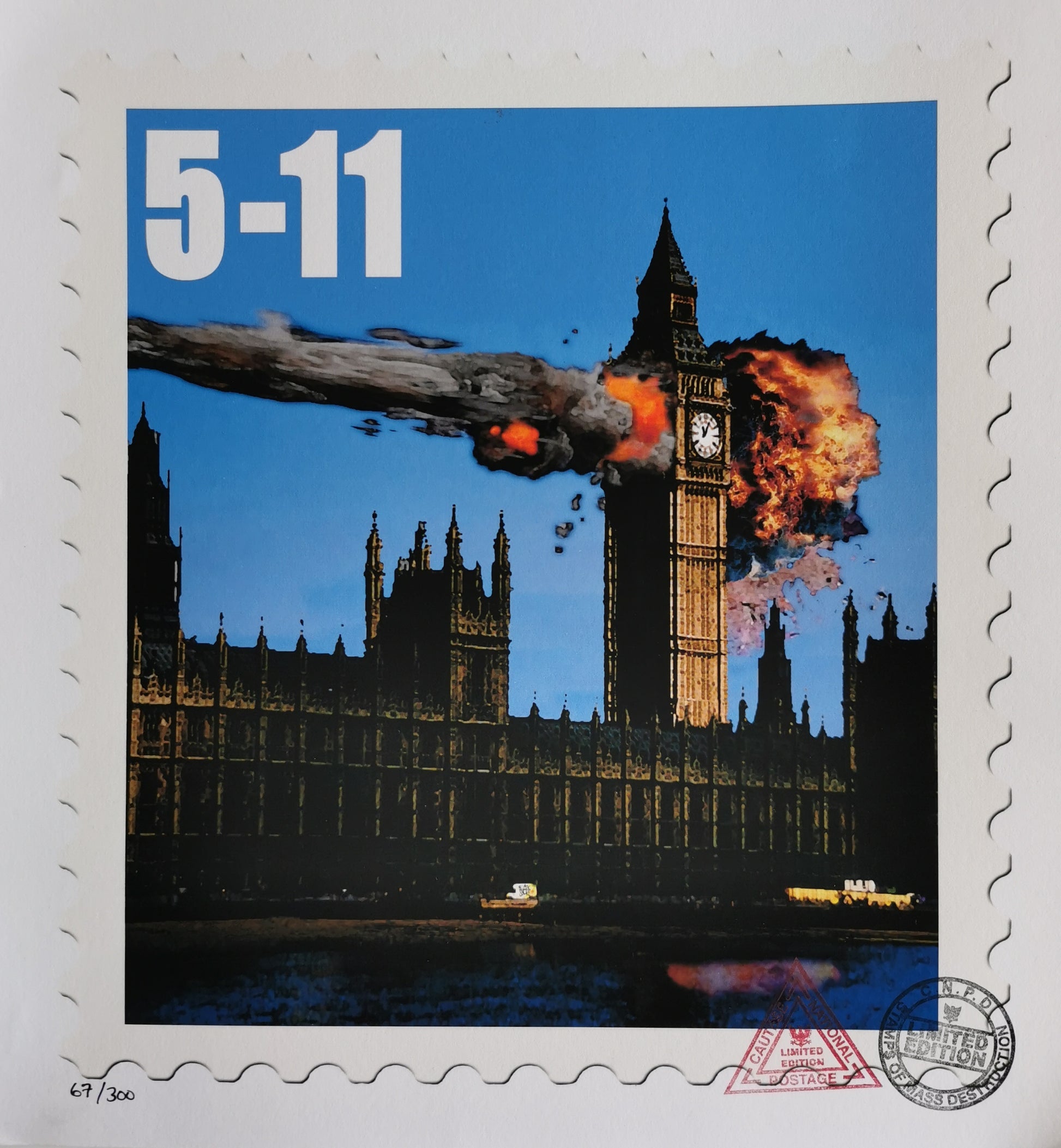 Limited edition print by James Cauty representing Big Ben being hit by a missile. Stamps of Mass destruction