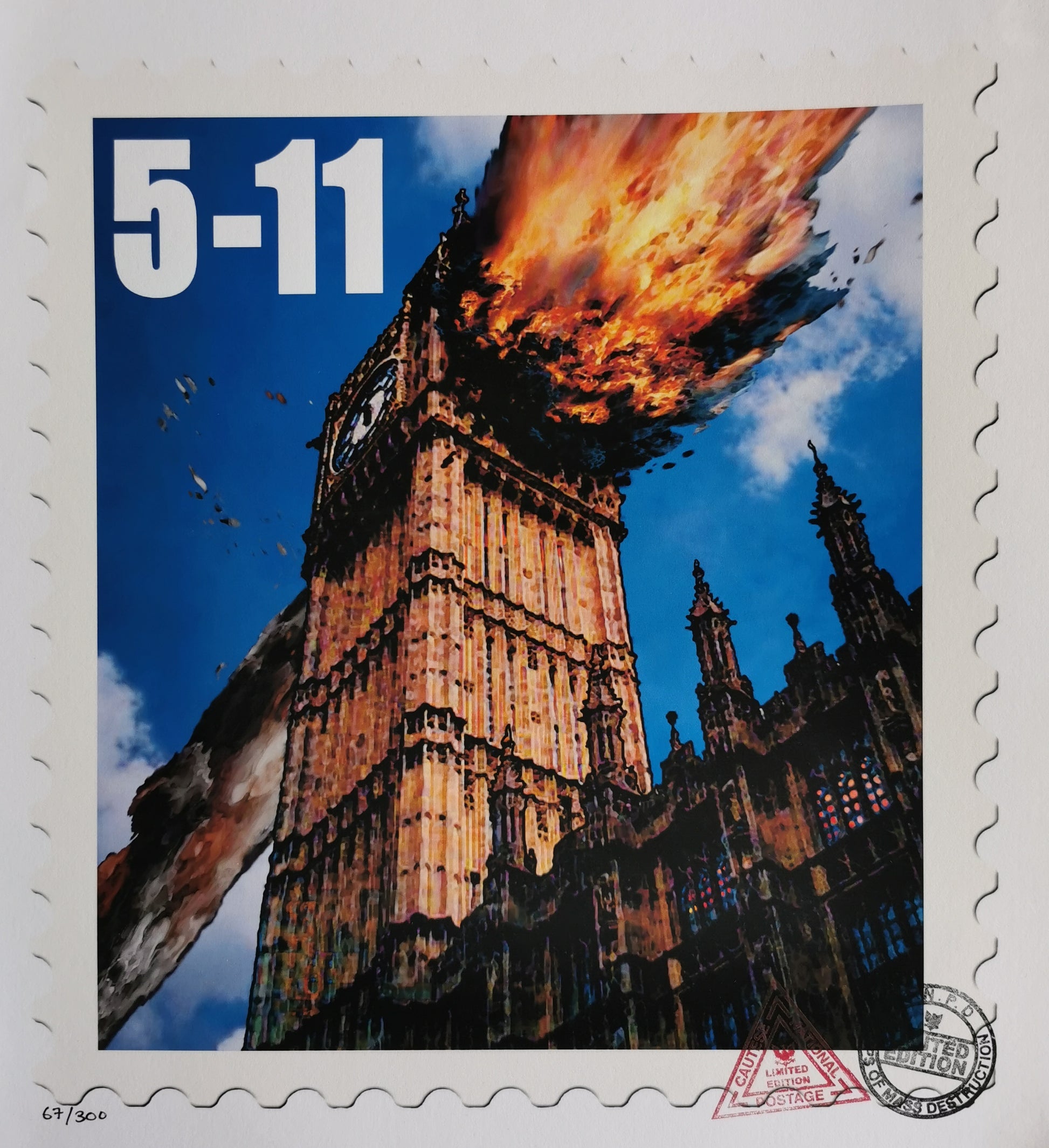 Limited edition print by James Cauty representing Big Ben being hit by a missile. Stamps of Mass destruction