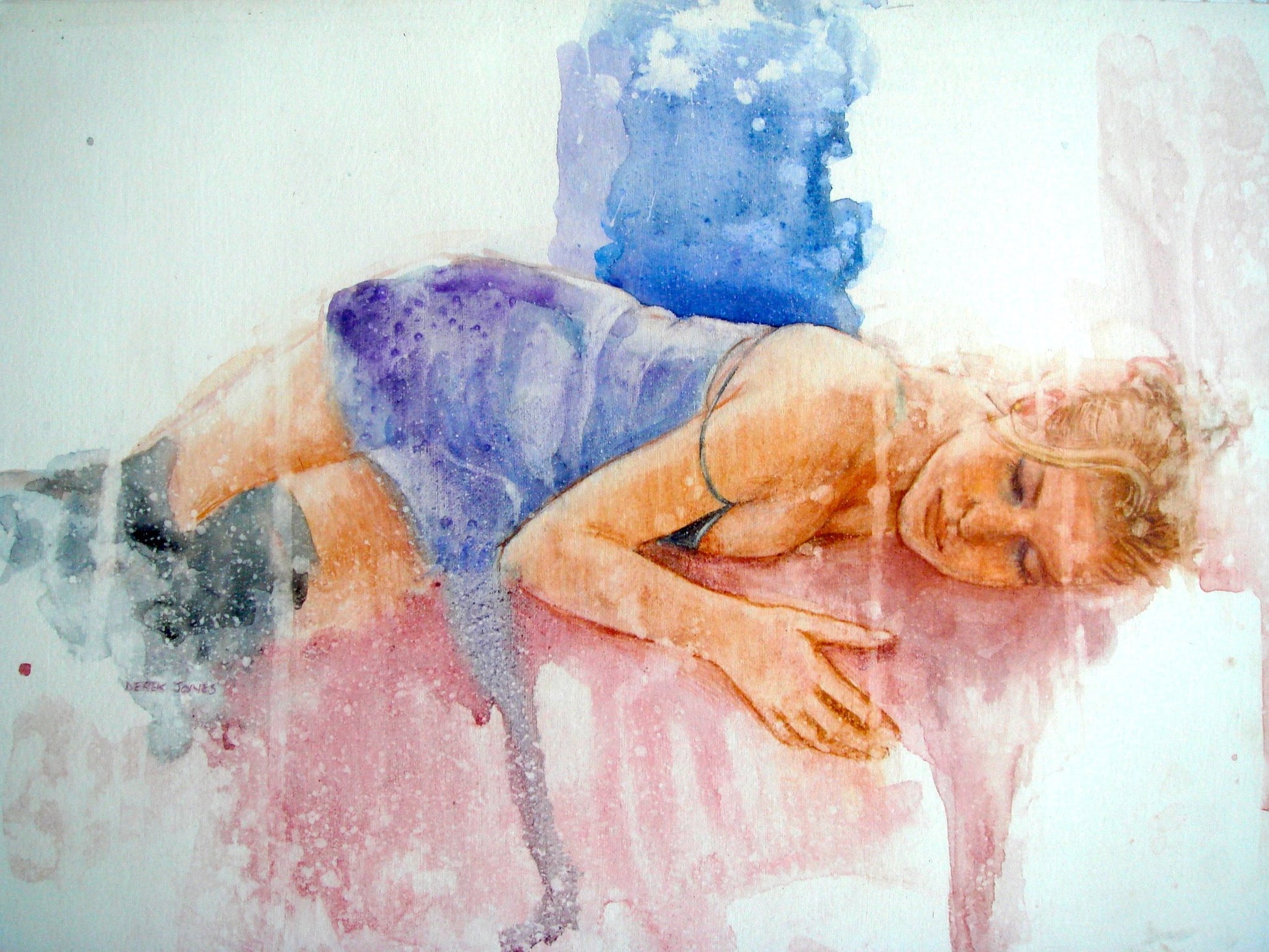 Ellen's blue dress, mixed media on paper by Derek Jones