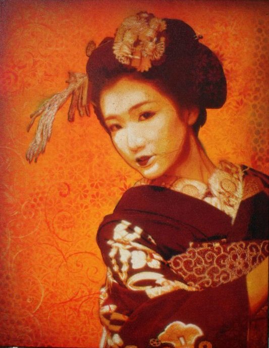 Geisha, spray paint, stencil on canvas by Tony Perez