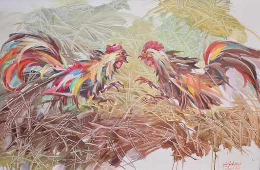 Cockfighting, oil on canvas by Luther Esho Adam