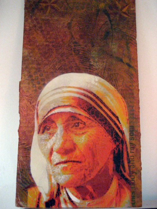 Mother Theresa portrait, spray paint, stencil on canvas by Tony Perez