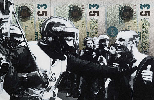 Stencil on £5 banknotes by Stencil artist Penny, representing a riot scene